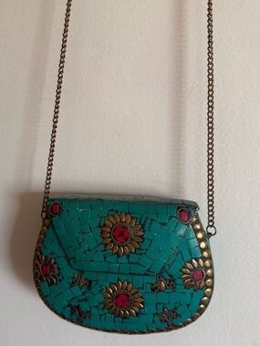 Zara Turquoise Mosaic Crossbody with Red Accent Stones